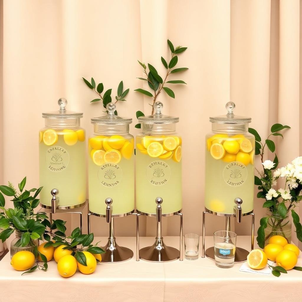 Branded glass dispensers at a corporate event