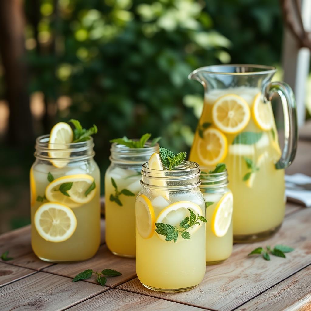 Mason jars of lemonade with mint at an outdoor event